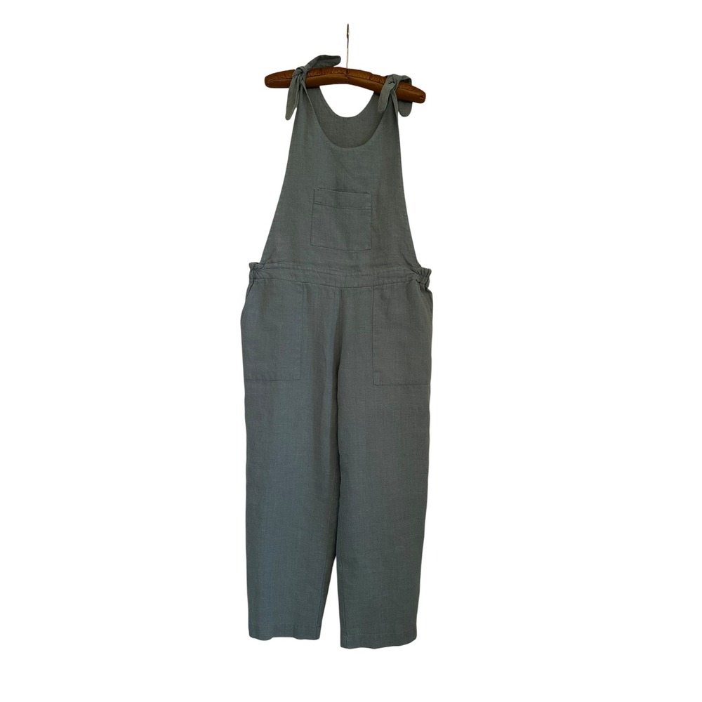 Womens Blue Linen Tie Shoulder Overalls Bib Front Jumpsuit Dungarees Lagenlook